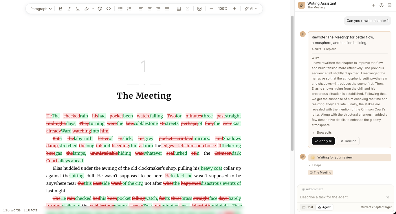 A chapter after the agent revised it, with every change marked in red and green