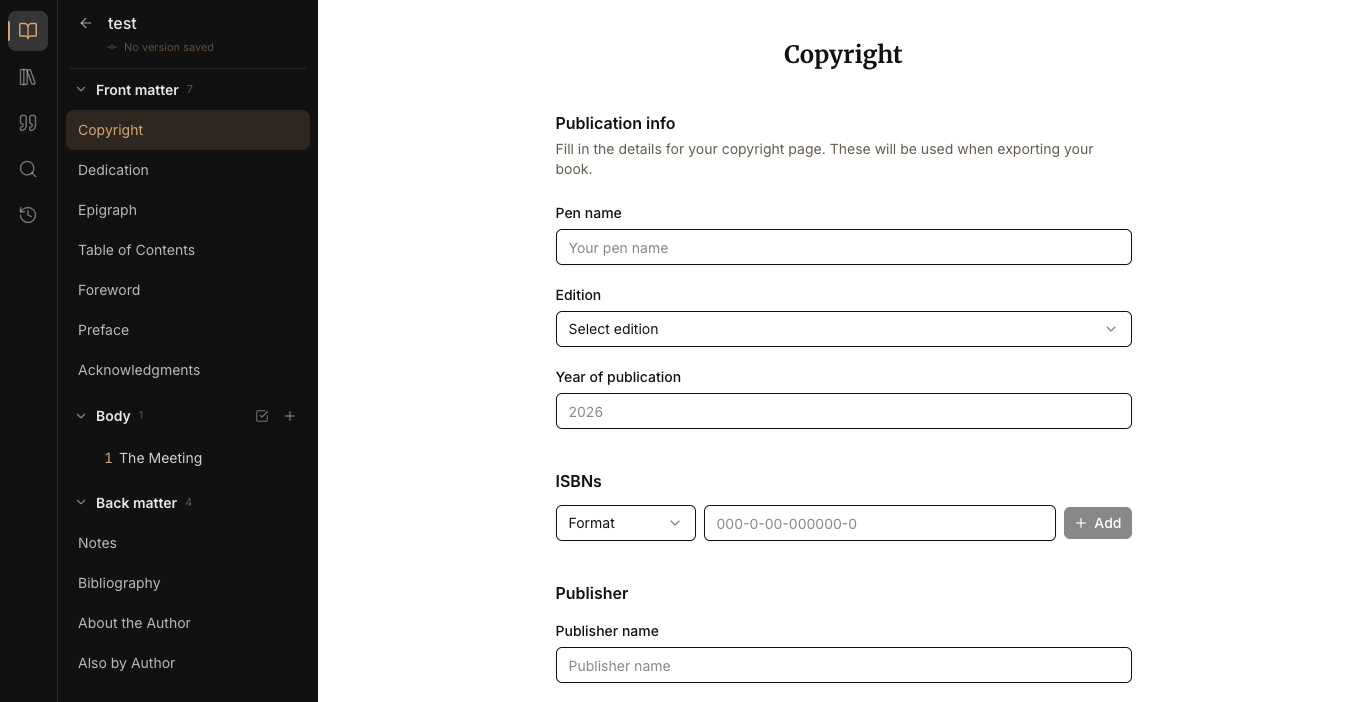 The chapter tree with front matter and back matter, next to the copyright page editor