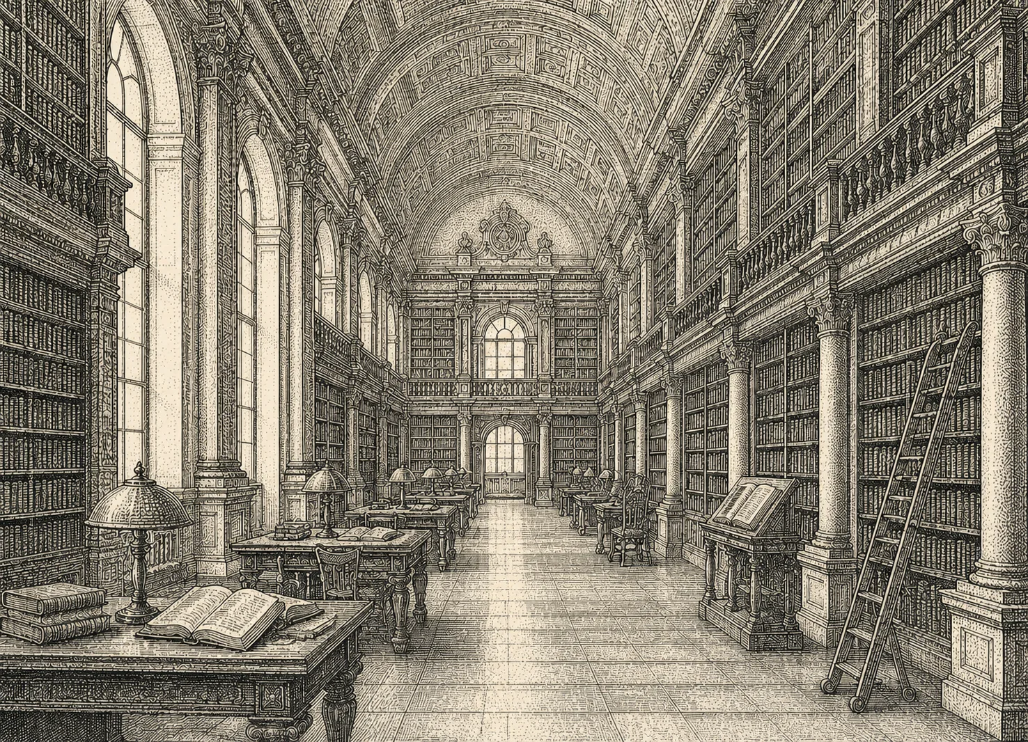 An engraved library, standing in for everything the book remembers